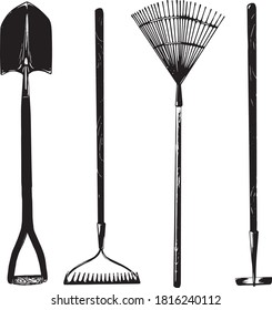 Vector set of gardening tools: shovel, rake, lawn rake and hoe, hand drawn sketch style