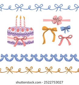 Vector set of garland, coquet bows and Birthday cake. Festive collection of decorative elements for celebrating the new year, Christmas, birthday and other holidays. Greeting card and banner template