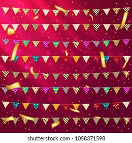 Vector set, garland flags with patterns, against a backdrop of glare and serpentine, for your projects.