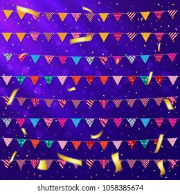 Vector set, garland flags with patterns, against a backdrop of glare and serpentine, for your projects.