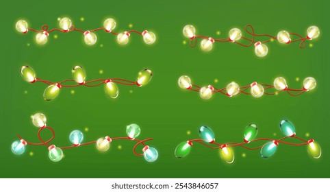 A vector set of garlands with burning light bulbs, surrounded by sparks, on a white background for Christmas and holiday decorations, creating a cheerful mood.