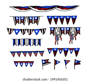 vector set of garlands of flags in the colors of the American flag. garlands isolated decoration set, bunting in blue and red with stars, for the American Independence Day celebration.