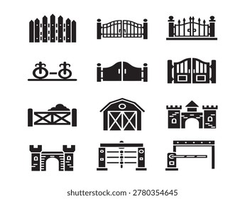 Vector set of gates and fences in flat line art style