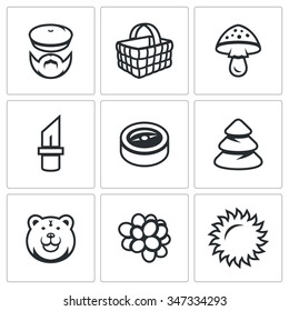 Vector Set of Gathering in the Forest Icons. Mushroomer, Basket, Mushroom, Tool, Orientation, Forest, Predator, Fruit, Weather. Woodman, Shopping, Amanita, Knife, Compass, Fir, Bear, Berry, Sun.