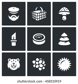 Vector Set of Gathering in the Forest Icons. Mushroomer, Basket, Mushroom, Tool, Orientation, Forest, Predator, Fruit, Weather.