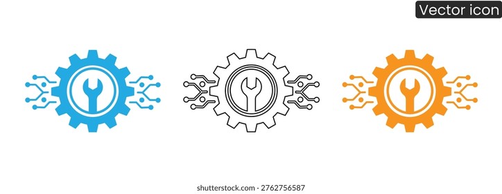 Vector set of gear icons with circuit board elements and wrench on white background for tech and maintenance concepts
