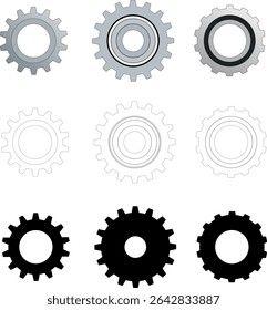 Vector set of gear icons. Realistic, black and white and black. Group of gears. Collection of gear designs on transparent background.