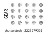 Vector set of gear thin line icons. Design of 20 stroke pictograms. Signs of gear isolated on a white background.