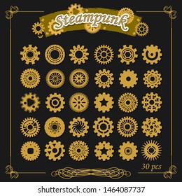 Vector set of gears - 30 pieces. Steampunk design. Elements for design projects in the Victorian style