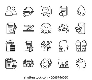 Vector set of Gears, Artificial intelligence and Gift box line icons set. Users, Laureate medal and Vip phone icons. Sales diagram, Leaf dew and Reject certificate signs. Gears web symbol. Vector