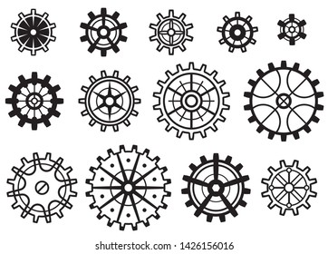 Vector set of gears, cogwheels with uniform cogs / equal teeth, but different diameters.  Suitable for synchronous animation. Isolated black shapes on white background.