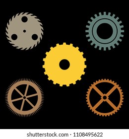Vector set of gears isolated on black background.Flat design minimal collection