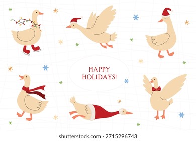 Vektorgrafik von Gänsen in festlichen Posen. Gans trägt einen Weihnachtsmütze, Girlanden, einen Schal um den Hals, Schlittschuhe und eine rote Schleife. Illustration für Weihnachtskarten