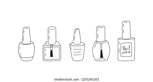 Vector set of gel polish bottles. Hand drawn nail gel polish in different bottles set