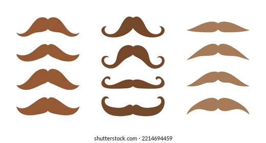 Vector set of gentelman brown mustaches illustration. Photo prop elements, male mustache for masquerade, carnival or party. Collection of men's mustache silhouettes.