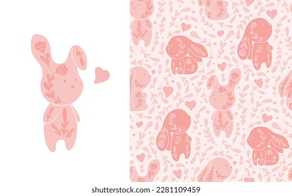 Vector set of gentle seamless pattern and card with pink decorated bunnies and flowers. Nursery texture and postcard with folk art rabbits. Childish backdrop with ornamental hares for fabric