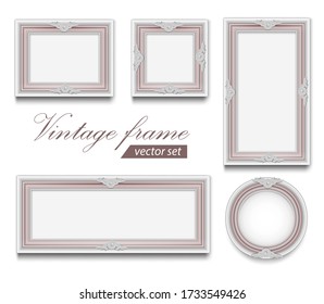 vector set of gentle vintage frames. Delicate wood pale purple round square and rectangular photo frame