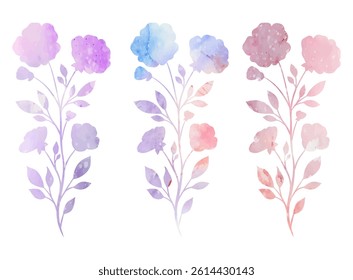 Vector set of gentle watercolor floral silhouette. Collection of wild flowers in pink, violet and blue colors. Colorful blooming flowers clip arts for stickers