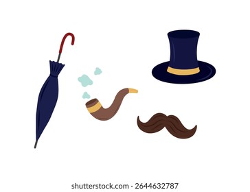Vetor ajustado para um cavalheiro: chapéu, cachimbo de fumar, bigode, guarda-chuva.