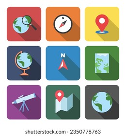 Vector set of Geography icons flat style with long shadow. Earth globe, compass, location, direction, telescope, atlas map vector illustration. Logo design