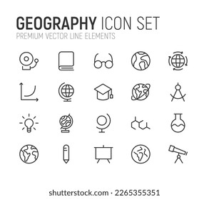 Vector set of geography thin line icons. Design of 20 stroke pictograms. Signs of geography isolated on a white background.