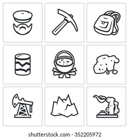 Vector Set Of Geology Icons. Geologist, Instrument, Journey, Research, Nutrition, Gold, Oil, Landscape, Gas. Explorer, Kirk, Backpack, Pit, Pot Of Food, Breed, Oil Derrick, Mountain, Pipeline