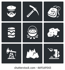 Vector Set Of Geology Icons. Geologist, Instrument, Journey, Research, Nutrition, Gold, Oil, Landscape, Gas.