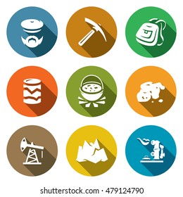 Vector Set of Geology Icons. Geologist, Instrument, Journey, Research, Nutrition, Gold, Oil, Landscape, Gas.