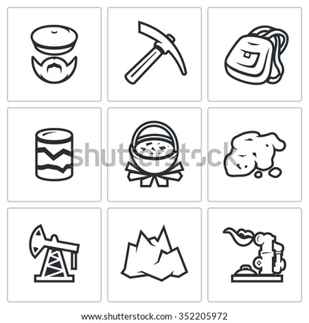 Vector Set of Geology Icons. Geologist, Instrument, Journey, Research, Nutrition, Gold, Oil, Landscape, Gas. Explorer, Kirk, Backpack, Pit, Pot of food, Breed, Oil Derrick, Mountain, Pipeline