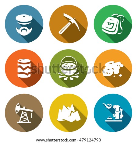 Vector Set of Geology Icons. Geologist, Instrument, Journey, Research, Nutrition, Gold, Oil, Landscape, Gas.