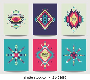 Vector set of geometric abstract colorful flyers. Ethnic design brochure templates. Modern tribal backgrounds in boho style.