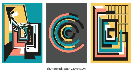 Vector Set Of Geometric Abstract Fantasy Background,  Wall Art Concept For Interior Design, Event Poster, Banner Or Logo Design For Web. Vector In Yellow, Blue, Black, White And Red Collar.