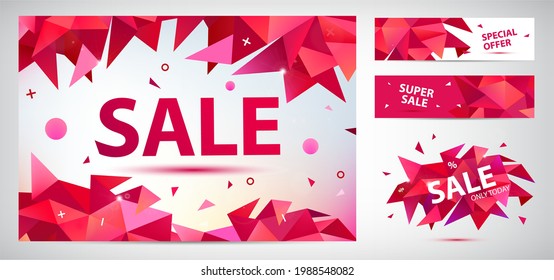 Vector set of geometric anstract sale banners, discount facet triangular red backgrounds, horizontal orientation. Graphic illustrations for advertising, marketing, design and art projects