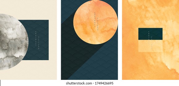 Vector set of Geometric background with Japanese wave pattern in vintage style. Template collection of abstract art shape wallpaper illustration.