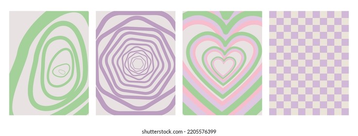 Vector set with geometric backgrounds. Stylish hypnotic pattern. Illustration of four abstract backgrounds with geometric shapes and hearts. Y2k concept. Template for poster or fabric design.