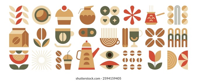 Vector set of geometric bauhaus coffee minimalist elements. Abstract minimal leaves, natural organic plants, beans, drink cup, pot, sweet bakery for restaurant cover design, food package or cafe menu