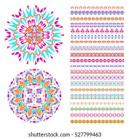 Vector set of geometric borders and mandalas in ethnic boho style. Collection of pattern brushes inside. Aztec tribal ornaments