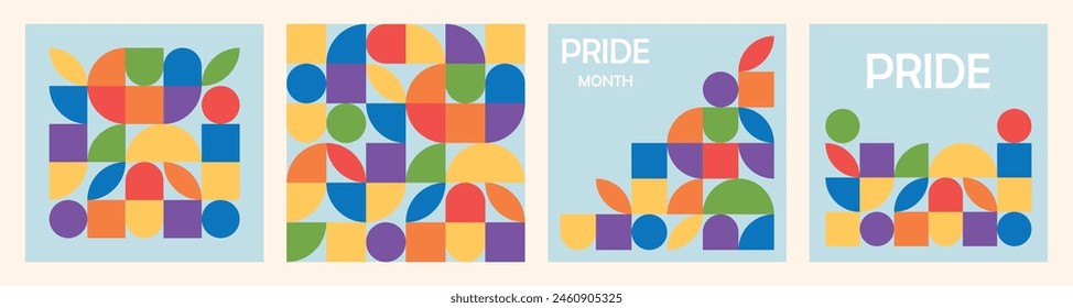 Vector set of geometric cards for LGBTQ Pride Month. Poster with LGBT rainbow flag, heart and love. Social media