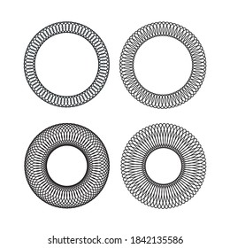 Vector set of geometric circle ornaments. Bold outline. Guilloche, frames are isolated. Decorative round decor. White background.