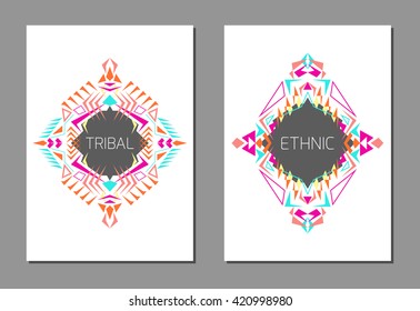 Vector set of geometric colorful brochure templates for business and invitation. Ethnic, tribal, aztec style. A4 layout format. Modern ethno ikat pattern