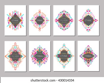 Vector set of geometric colorful brochure templates for business and invitation. Ethnic, tribal, aztec style. A4 layout format. Modern ethno ikat pattern