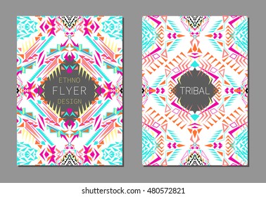 Vector set of geometric colorful brochure templates for business and invitation. Ethnic, tribal, aztec style. A4 format. Modern ethno ikat pattern