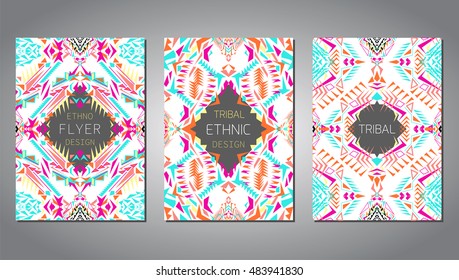 Vector set of geometric colorful brochure templates for business and invitation. Ethnic, tribal, aztec style. A4 format. Modern ethno ikat pattern