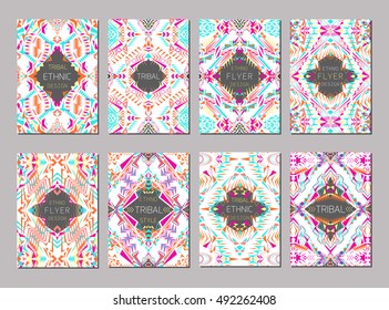 Vector set of geometric colorful brochure templates for business and invitation. Ethnic, tribal, aztec style