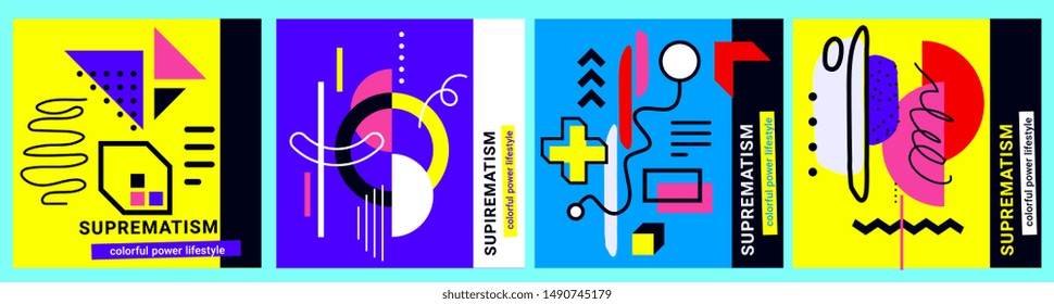 Vector set of geometric composition with bright abstraction on color background. Flat style illustration design for web, site, banner, poster. Abstract creative template with header and shape