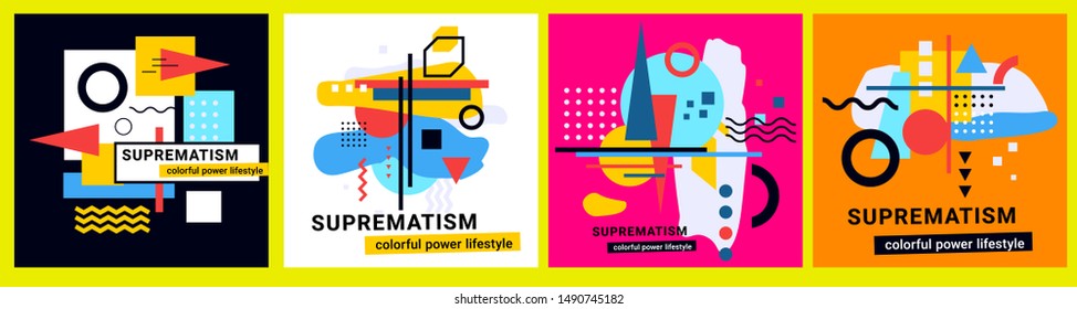 Vector set of geometric composition with bright abstraction on color background. Abstract creative template with header and shape. Flat style illustration design for web, site, banner, poster
