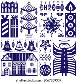 Vector set of geometric elements in Scandinavian style on the theme of Christmas. Seamless pattern of blue color. Suitable for Christmas goods design