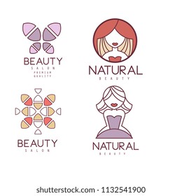Vector set of geometric emblems for beauty center. Outline logos with colorful fill. Labels with abstract patterns and girls silhouettes