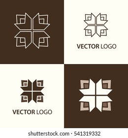Vector set of geometric flat line logo design templates and signs for identity, business cards and packaging - floral shop, beauty, spa and yoga studio. Abstract ethnic flower illustration.
