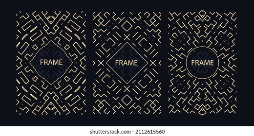 Conjunto vectorial de marcos geométricos. Resumen de las plantillas de diseño premium de oro. Productos de lujo para el vino. Patrón lineal, ornamento vintage. Fondo negro con delgadas líneas doradas. Portada elegante del afiche Art Deco